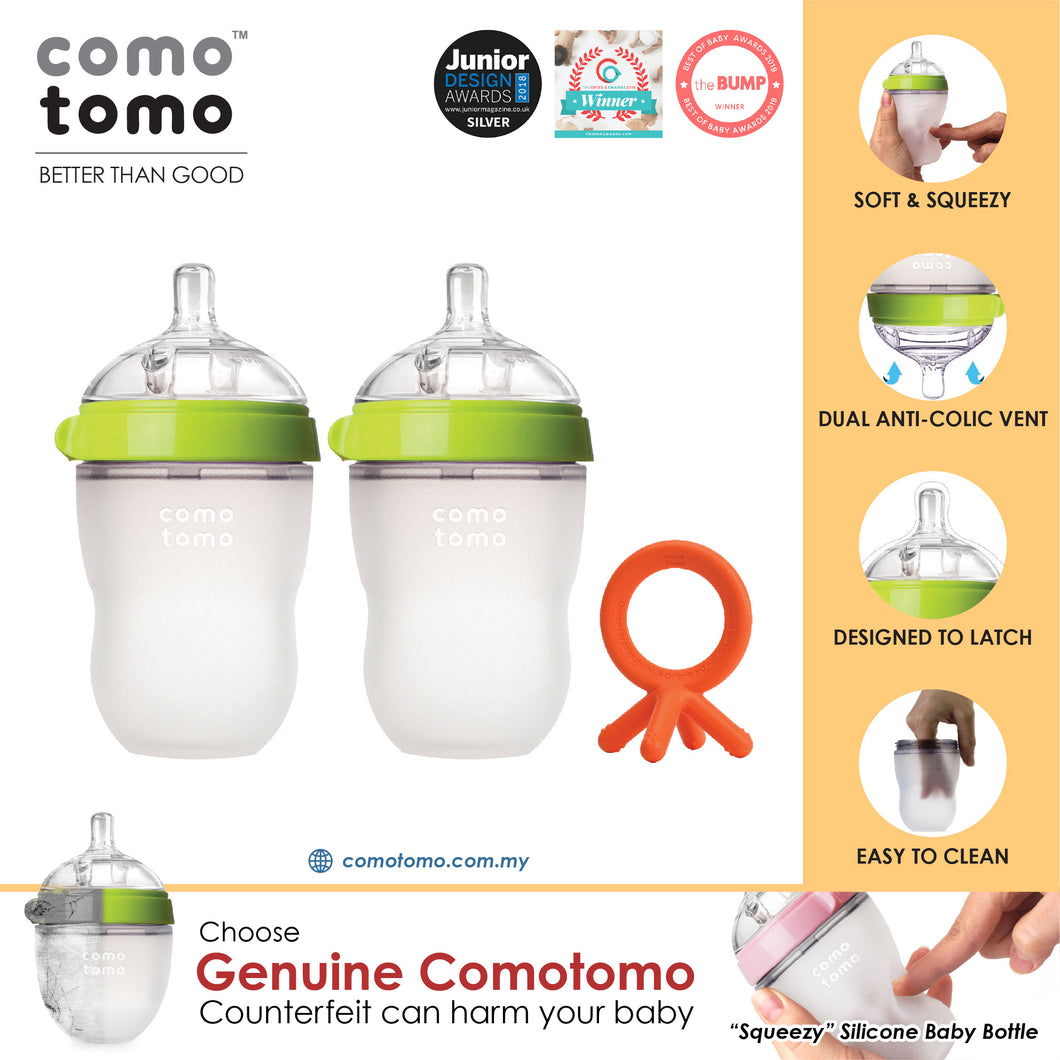 ♥SUPER SAVE♥ Comotomo Natural Feel Anti-Bacterial Heat Resistance Silicon Baby Bottle 250ml Twin Pack & Silicon Teether