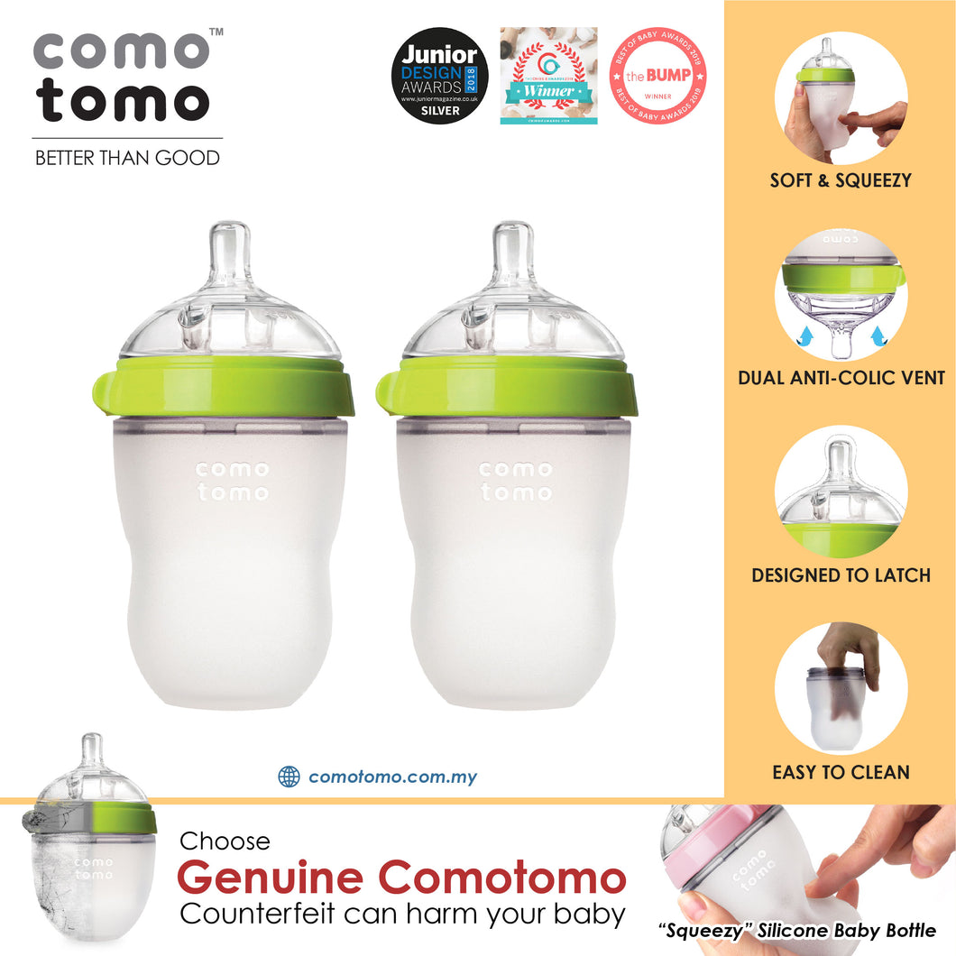 ♥SAVE MORE♥ Comotomo Natural Feel Anti-Bacterial Heat Resistance Silicon Baby Bottle 250ml X2 (Green/Pink)