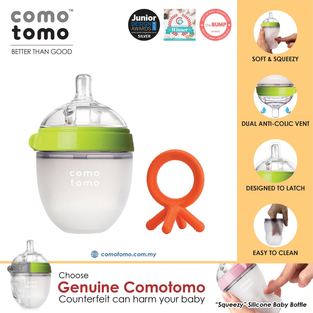 ♥SAVE MORE♥ Comotomo Natural Feel Anti-Bacterial Heat Resistance Silicon Baby Bottle 150ml (Green/Pink) & Silicon Teether Set