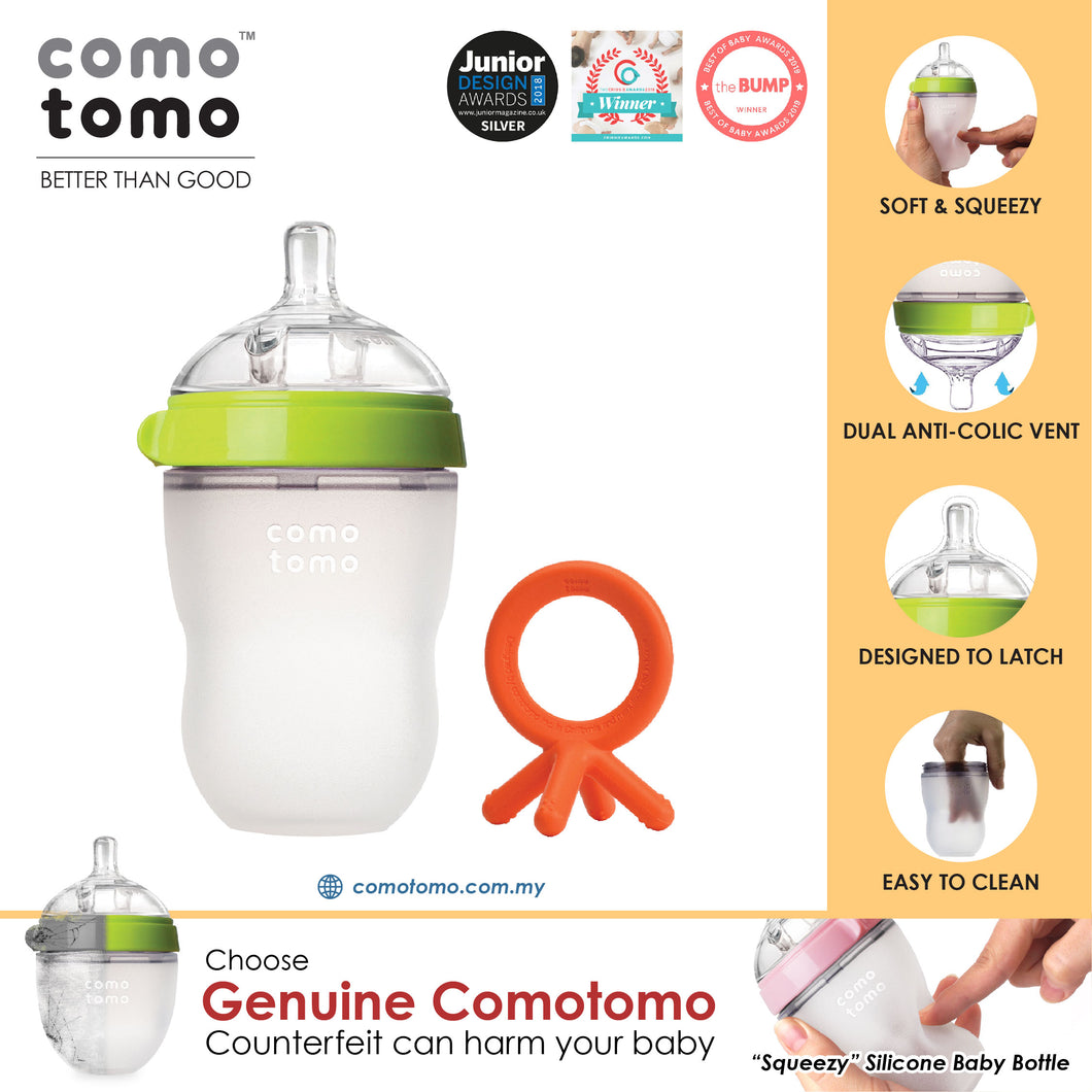 ♥SAVE MORE♥ Comotomo Natural Feel Anti-Bacterial Heat Resistance Silicon Baby Bottle 250ml (Green/Pink) & Silicon Teether Set