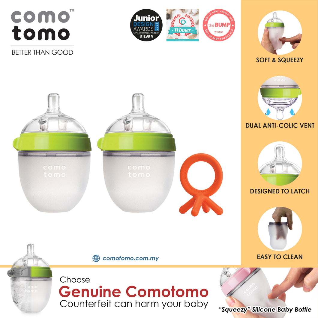 ♥SUPER SAVE♥ Comotomo Natural Feel Anti-Bacterial Heat Resistance Silicon Baby Bottle 150ml Twin Pack & Silicon Teether