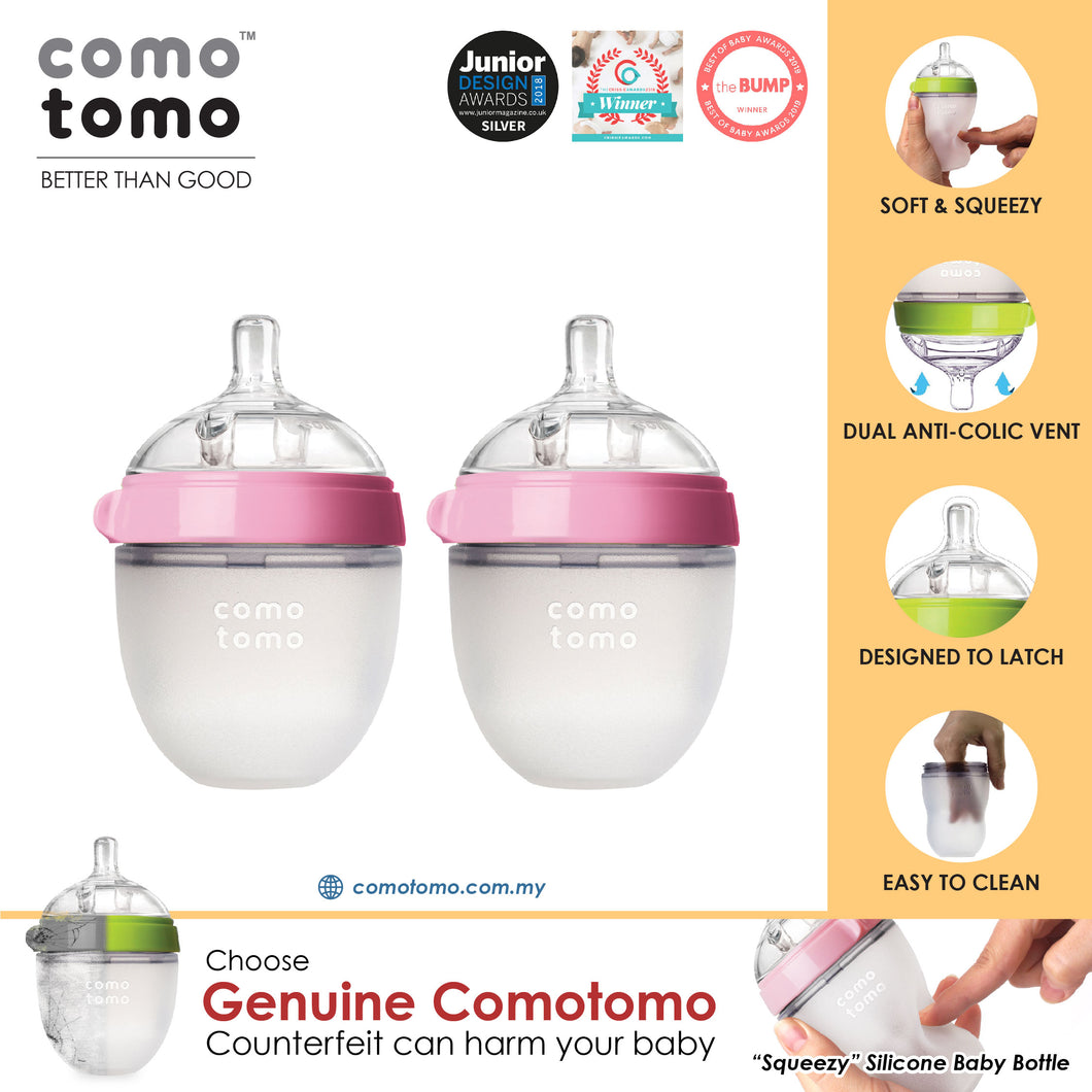 ♥SAVE MORE♥ Comotomo Natural Feel Anti-Bacterial Heat Resistance Silicon Baby Bottle 150ml X2 (Green/Pink)